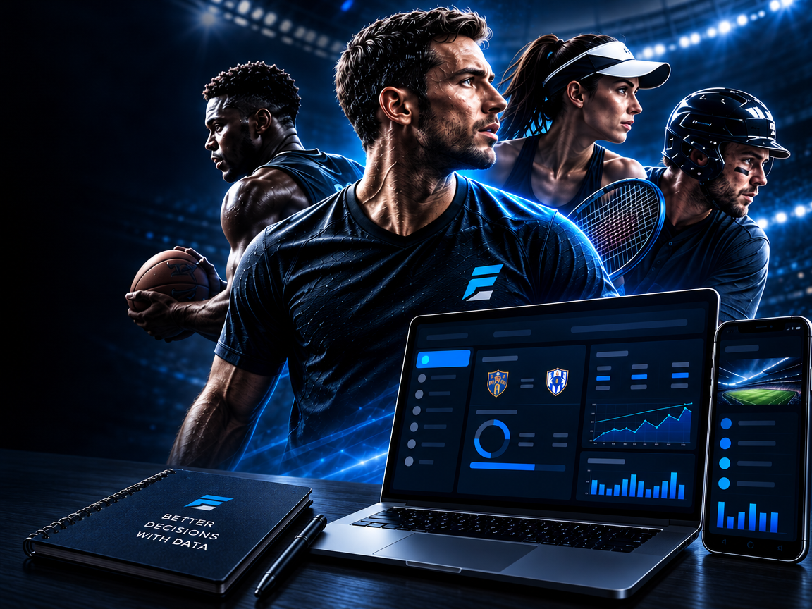EdgePredict: athletes and a sports analytics dashboard on a laptop and phone